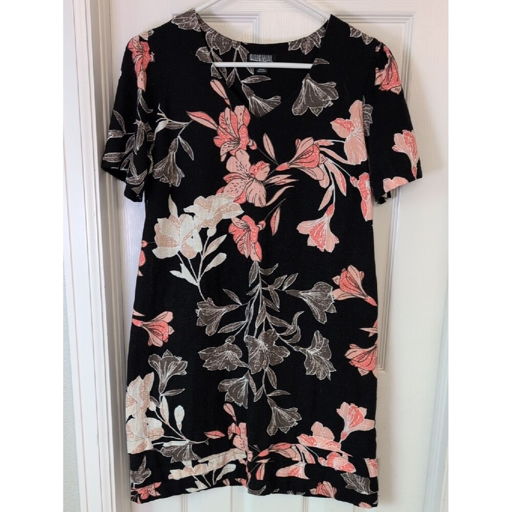 Nicole Miller Linen Blend Black Floral Short Sleeve Dress